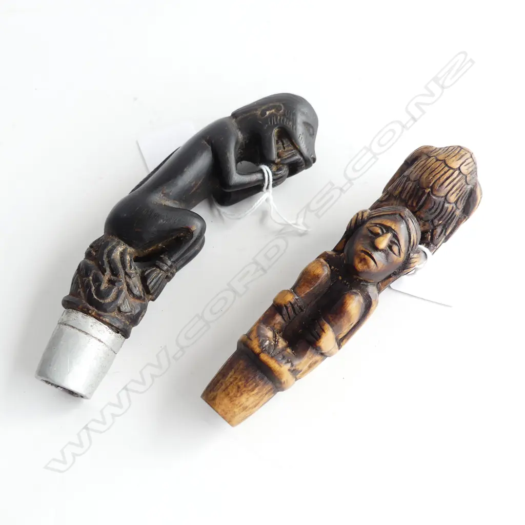 2 CARVED BETEL NUT CRUSHER HANDLES. 1 CARVED HORN animal figure + crouching w bird Image 1++