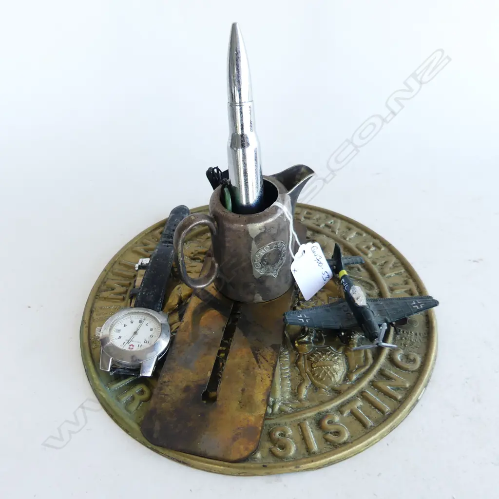 OLD SAFE  BRASS FIRE PLATE ETC: bullet bottle opener + plane + Grand Hotel jug + swatch watch + gauge Image 1++