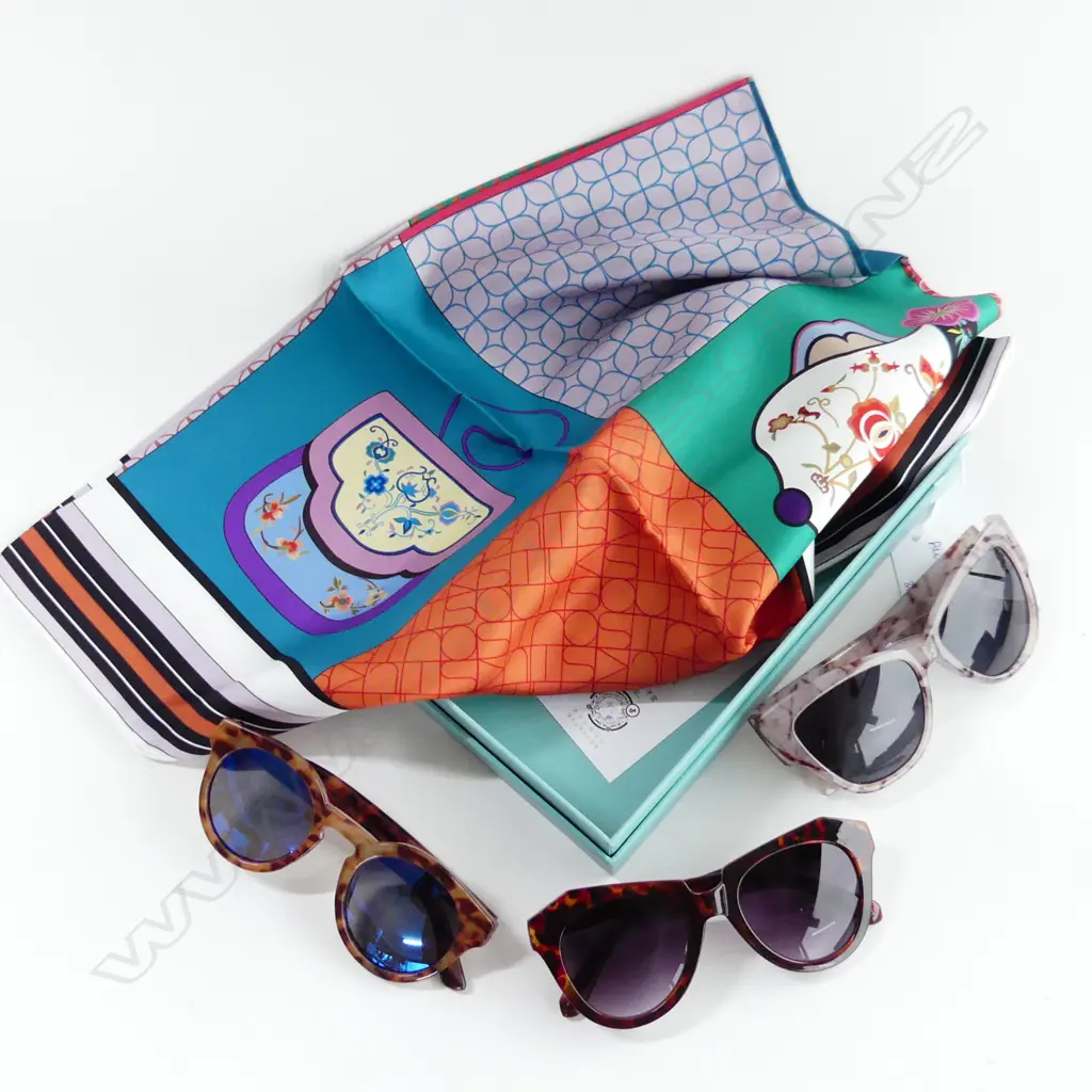 BOXED SILK SCARF + 3 PRS TORTOISESHELL STYLE SUNGLASSES;  Image 1++