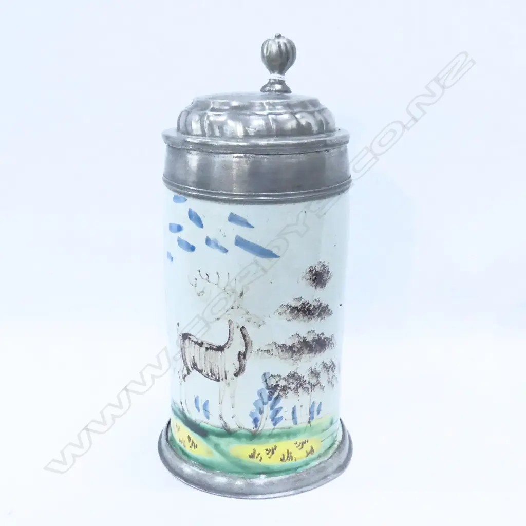 19thC TANKARD - PEWTER LID - PAINTED STAG H.235mm Image 1++