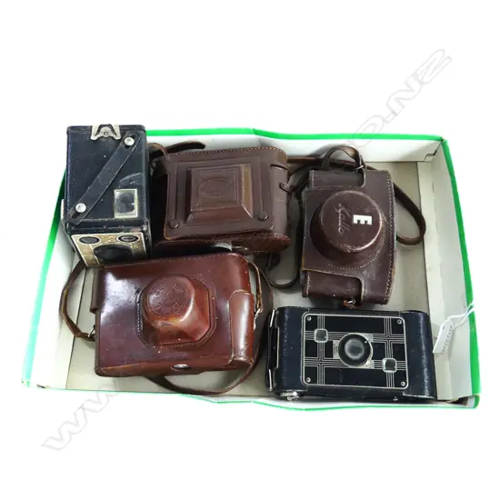 FIVE VINTAGE CAMERAS – KODAK JIFFY, ZORKI, KALLO, MIHAMA & KODAK BROWNIE