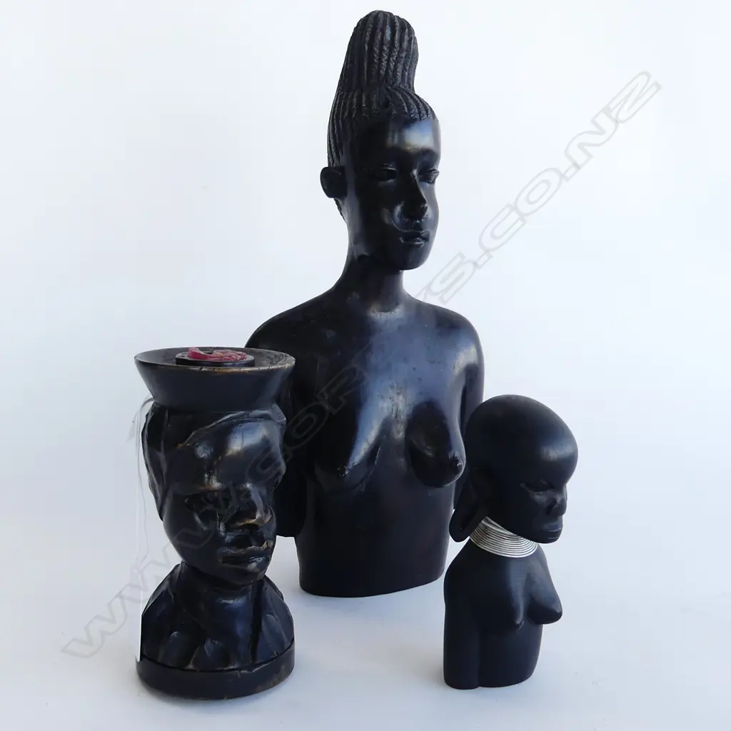 THREE CARVED EBONY AFRICAN FEMALE BUSTS. H.270. 130. 110mm Image 1++