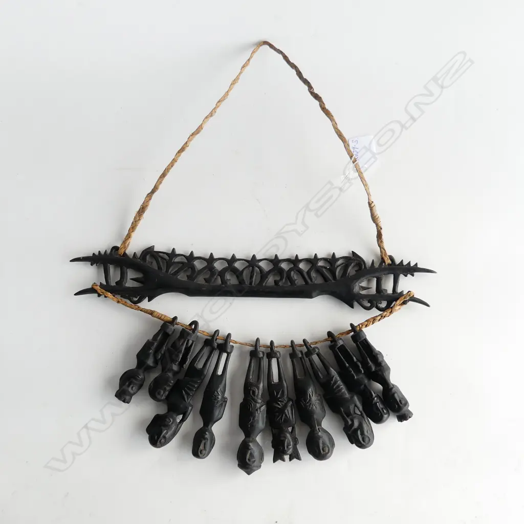 NEPALESE CARVED WOODEN ANCESTRAL SPIRIT CHARM NECKLACE / DOORWAY HANGING W.350mm Image 1++