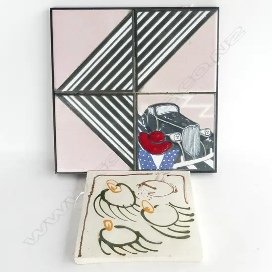 WAIPU ART TILES WALL HANGING & STUDIO POTTERY TILE (320MM), HAND DECORATED WITH SLIP TRAIL (200MM)