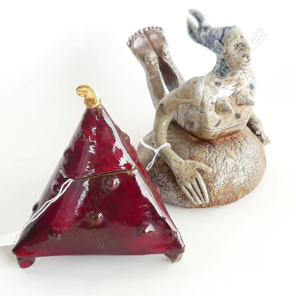 NICKY JOLLY POTTERY; SALT GLAZE MERMAID (AF) (L190MM) & TRIANGULAR LIDDED JAR  (H150MM) Image 1++