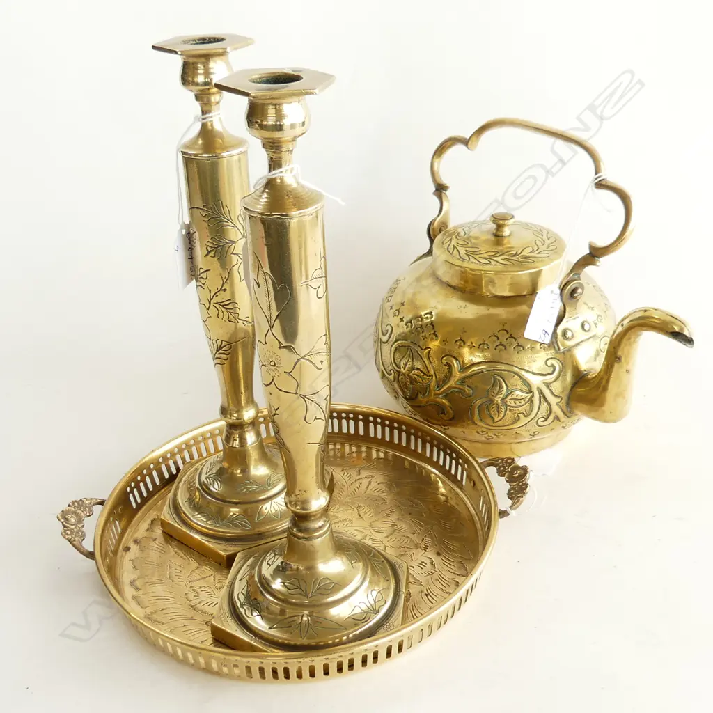 FOUR OLD CHINESE BRASS ITEMS, PR CANDLESTICKS, H. 290mm; TEAPOT, H.200mm & TRAY, DIA.240mm Image 1++
