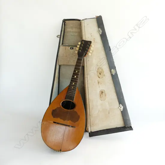 ANTIQUE CASED MANDOLIN WITH IVORY TUNERS, NEEDS RESTRINGING 