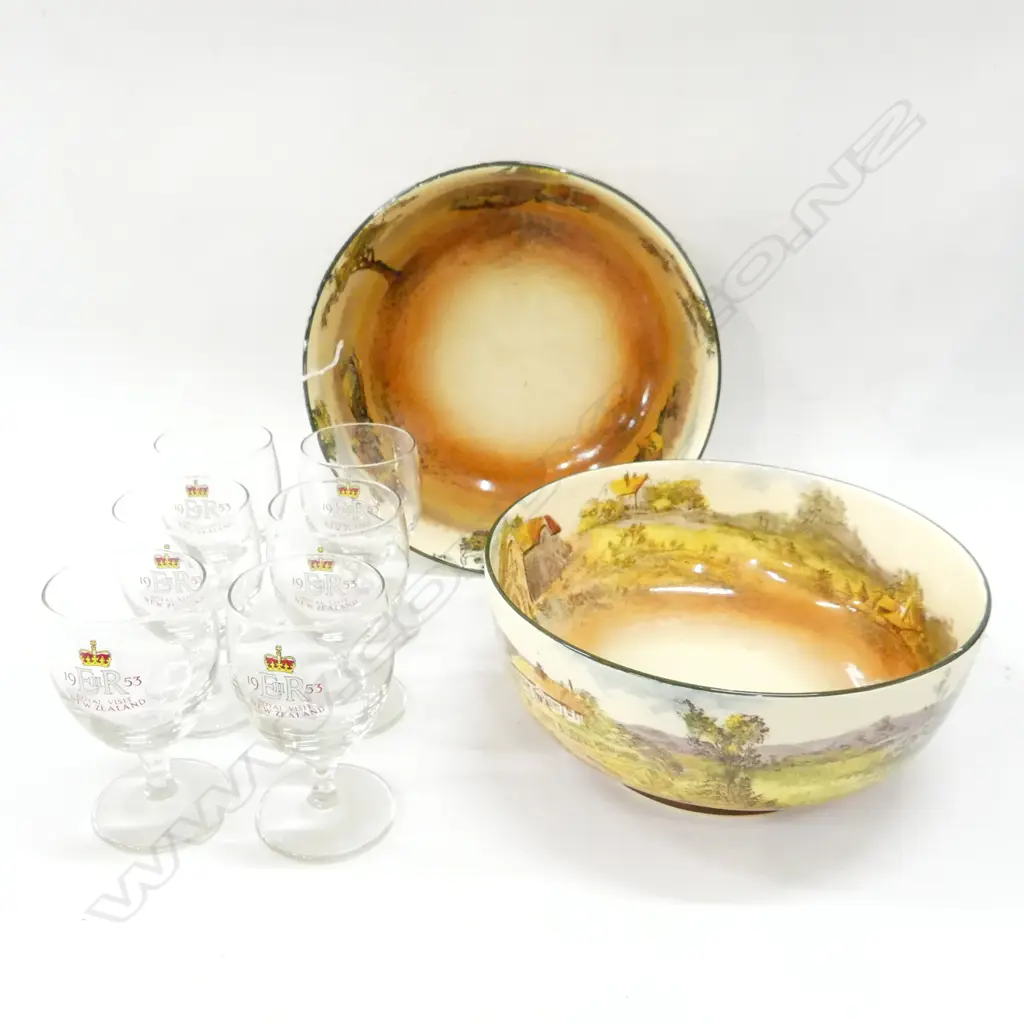 2 ROYAL DOULTON BOWLS 235mm dia + 6 ER 1953 GLASSES H.105mm Image 1++