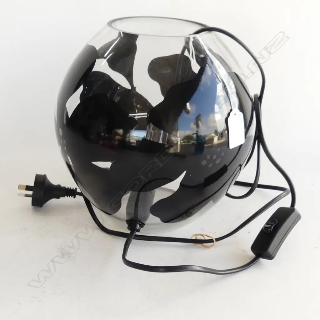 CONTEMPORARY SPHERICAL GLASS LAMP w. BLACK FLORAL DESIGN H.210mm Image 1++