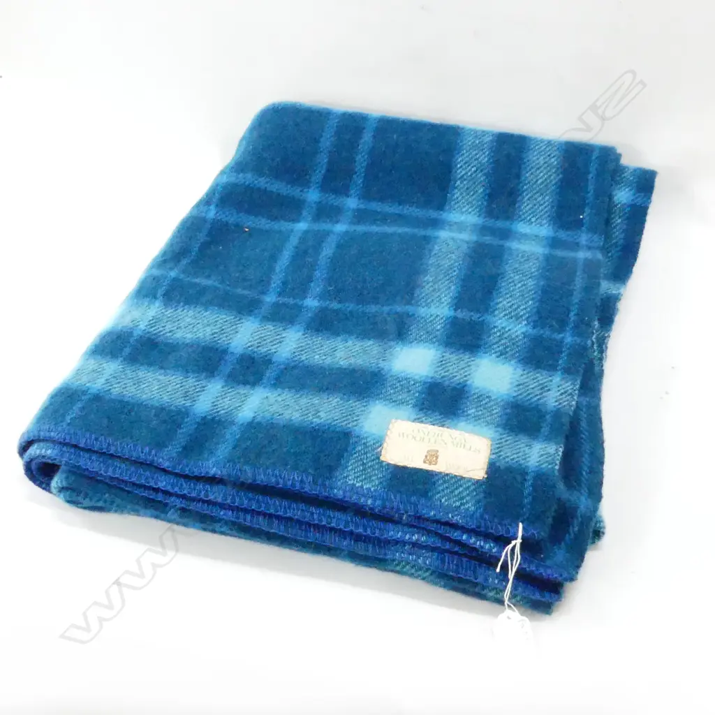 ONEHUNGA BLUE CHECK WOOLLEN BLANKET; TIKI LABEL Image 1++