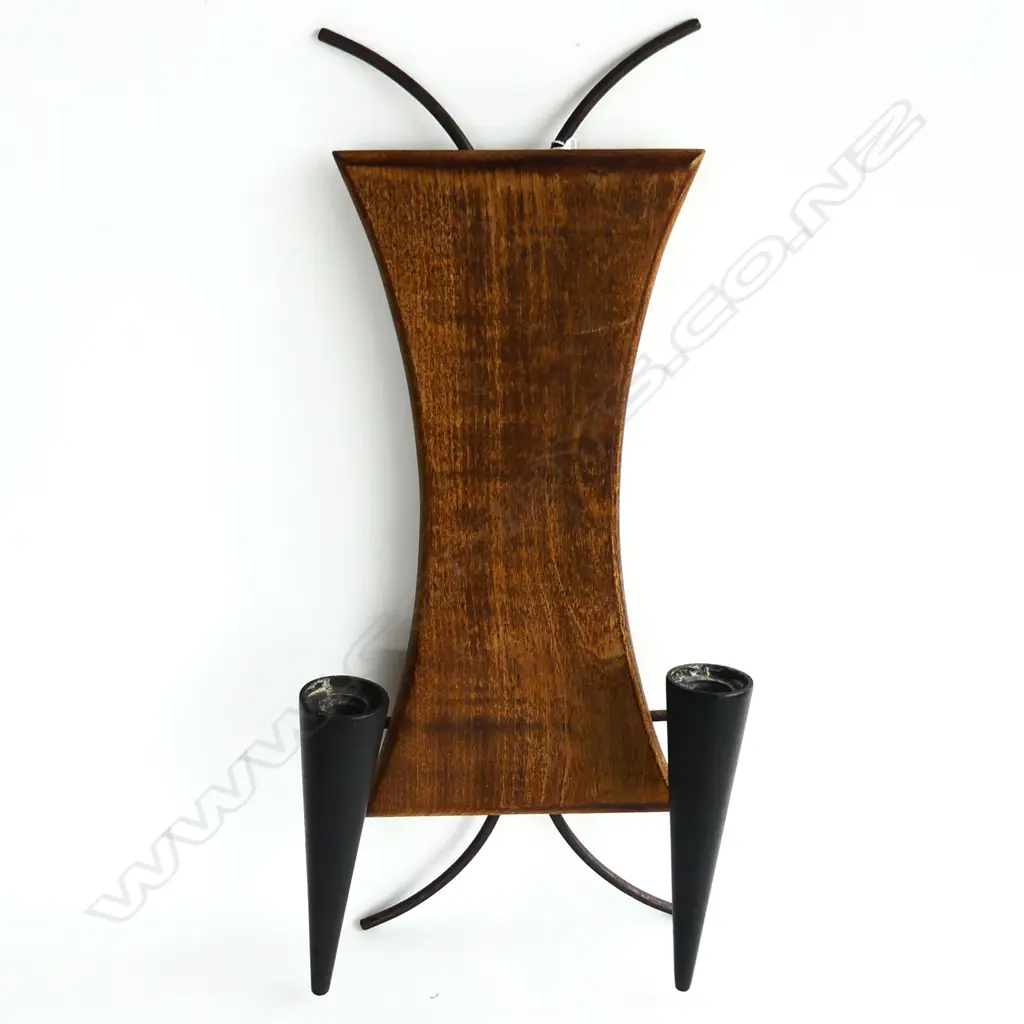 MID CENTURY WALL SCONCE CANDLE HOLDER ON OAK MOUNT L. 500mm Image 1++