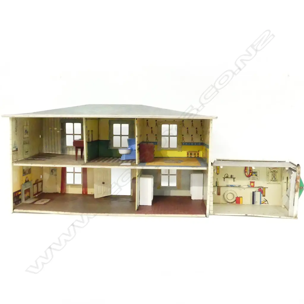 VINTAGE TIN DOLL HOUSE W.480mm + GARAGE Image 1++