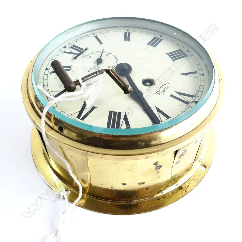SMITHS ANTIQUE BRASS SHIPS CLOCK ORIGINAL KEY, WORKING, GREAT BRITAIN D. 185MM Image 1++