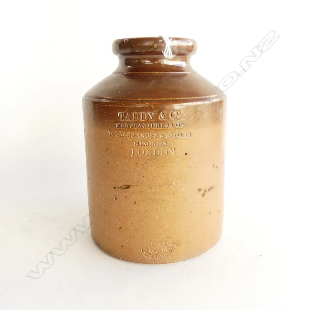 DOULTON STONEWARE CROCK 'TADDY & CO, MANUFACTURERS OF TOBACCO SNUFF & SEGARS MINORIES LONDON' H. 220MM Image 1++