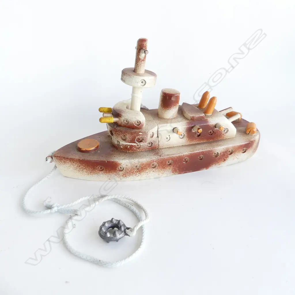 VINTAGE TOY WOODEN BATTLESHIP  L. 360MM Image 1++