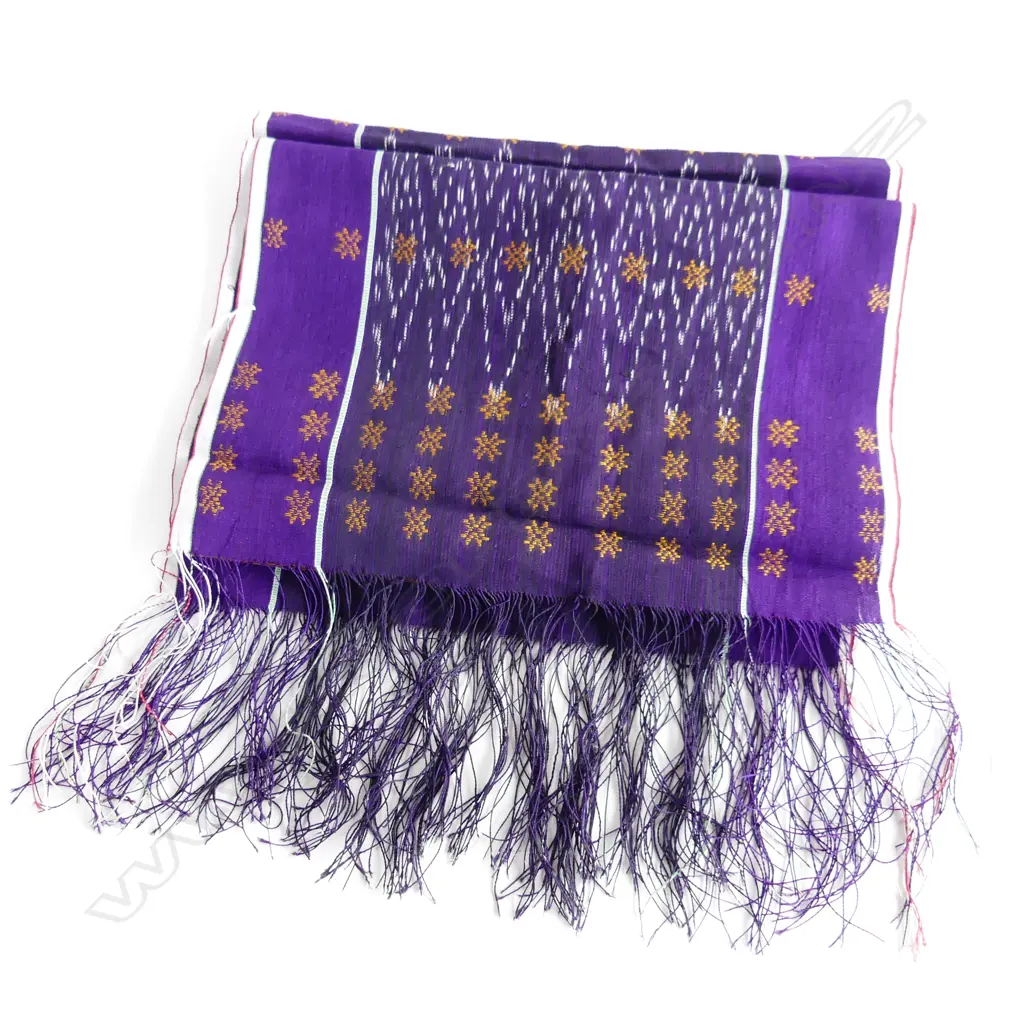 INDONESIAN IKAT; purple with gold, green etc 410x1600mm Image 1++