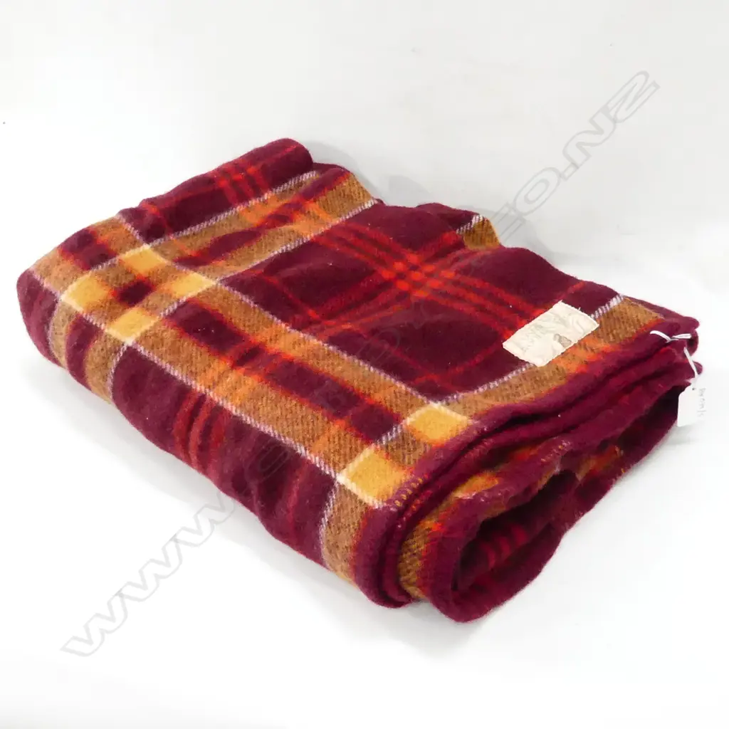 ONEHUNGA RED CHECK WOOLLEN BLANKET; TIKI LABEL Image 1++