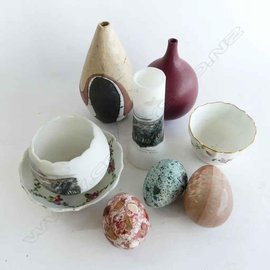 8 ASST. PCES; 2 STUDIO POTTERY VASES; RICK RUDD + OTHER (REPAIR), 3 STONE EGGS, C/S AF, 2 GRAFTON BRIDGE GLASS SOUVENIRS Image 1++
