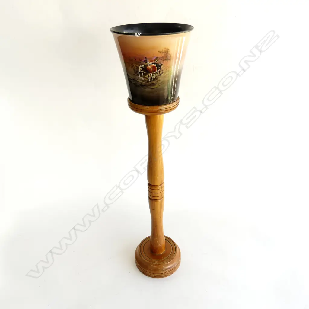 HAND PAINTED JARDINIERE WITH FARMING SCENE ON NATIVE NZ TIMBER STAND (H.680mm) Image 1++