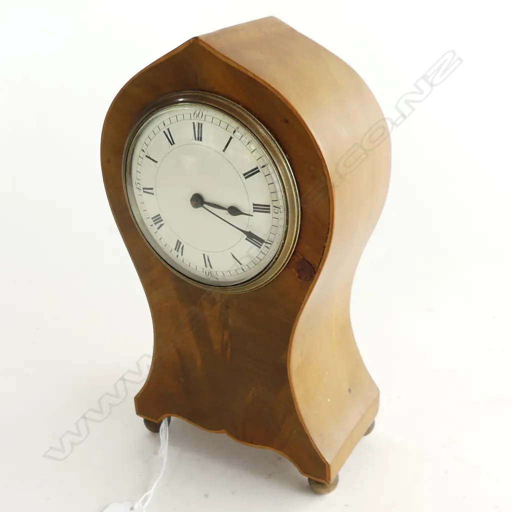EDWARDIAN C.1910 SHERATON REVIVAL MANTEL CLOCK,  WAISTED SHAPE BOXWOOD STRINGING SERPENTINE FRIEZE ON 4 BRASS FEET, SMAL Image 1++