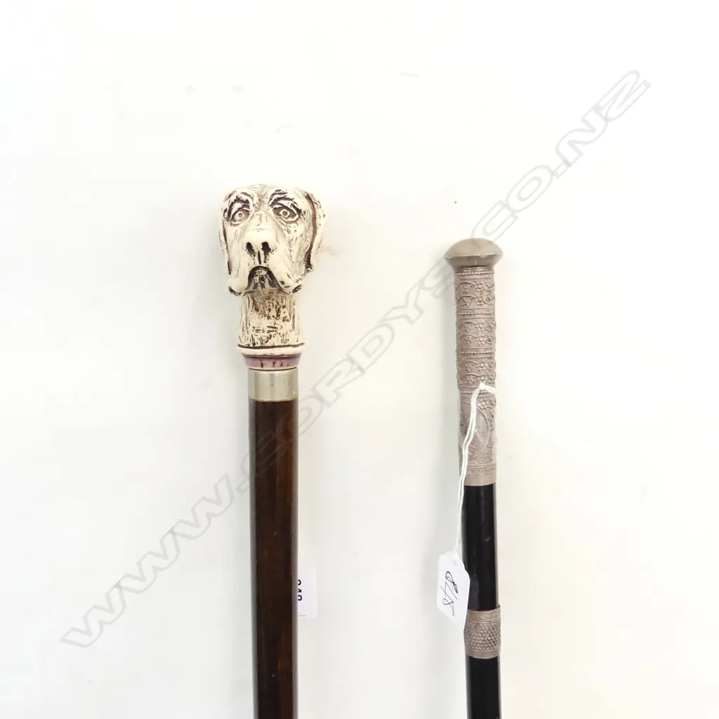 2 VINTAGE WALKING STICKS; RESIN DOG HEAD / SILVER METAL TRIM L.920mm Image 1++