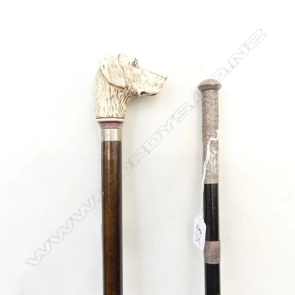 2 VINTAGE WALKING STICKS; RESIN DOG HEAD / SILVER METAL TRIM L.920mm Image 1++