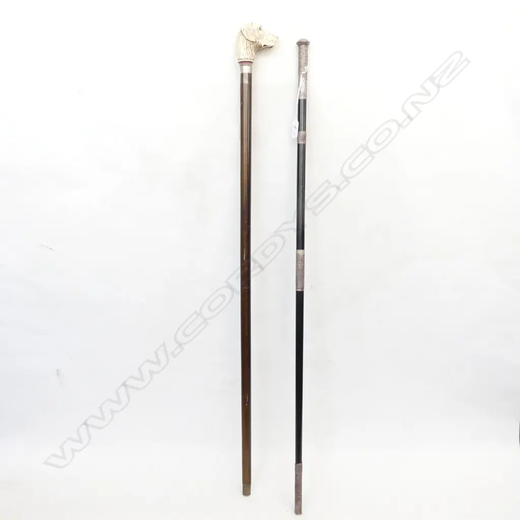 2 VINTAGE WALKING STICKS; RESIN DOG HEAD / SILVER METAL TRIM L.920mm Image 1++