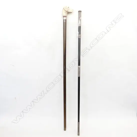 2 VINTAGE WALKING STICKS; RESIN DOG HEAD / SILVER METAL TRIM L.920mm