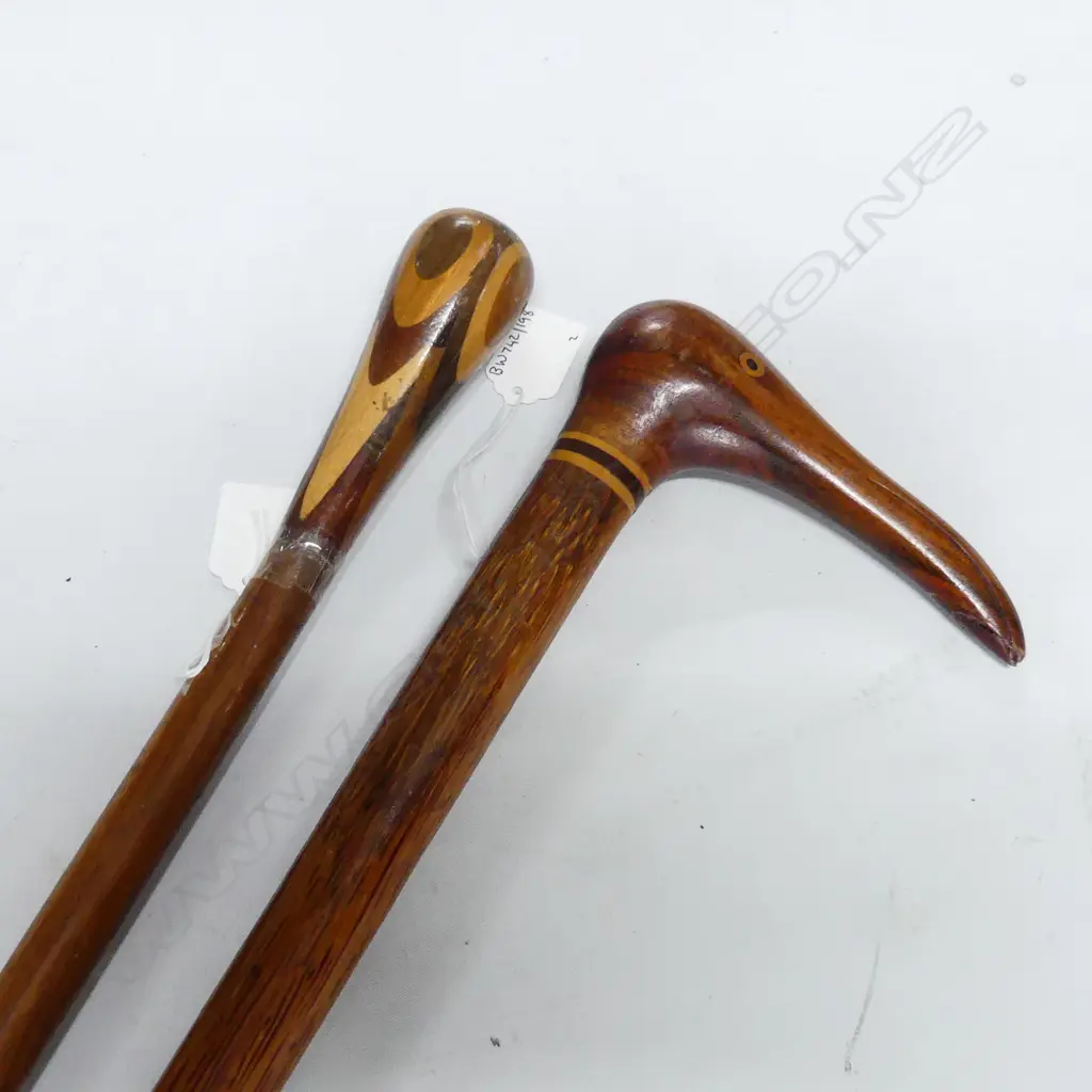 2 WALKINGSTICKS 1 INLAID HANDLE 1 PITCAIN ISLAND SIGNED BIRD HANDLE Image 1++