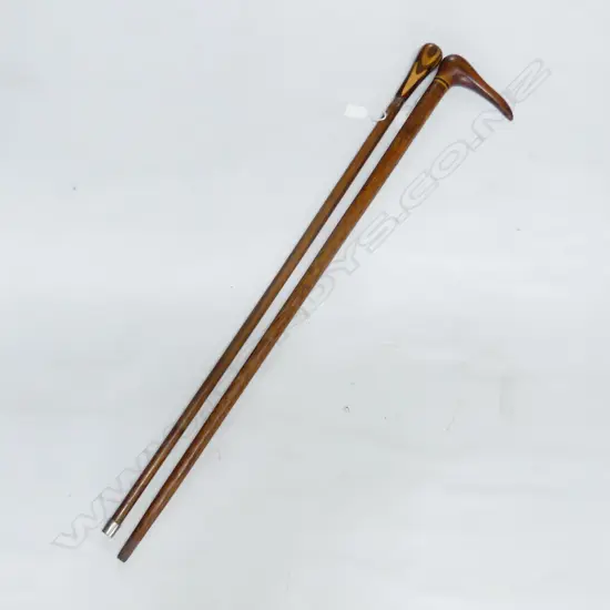 2 WALKINGSTICKS 1 INLAID HANDLE 1 PITCAIN ISLAND SIGNED BIRD HANDLE