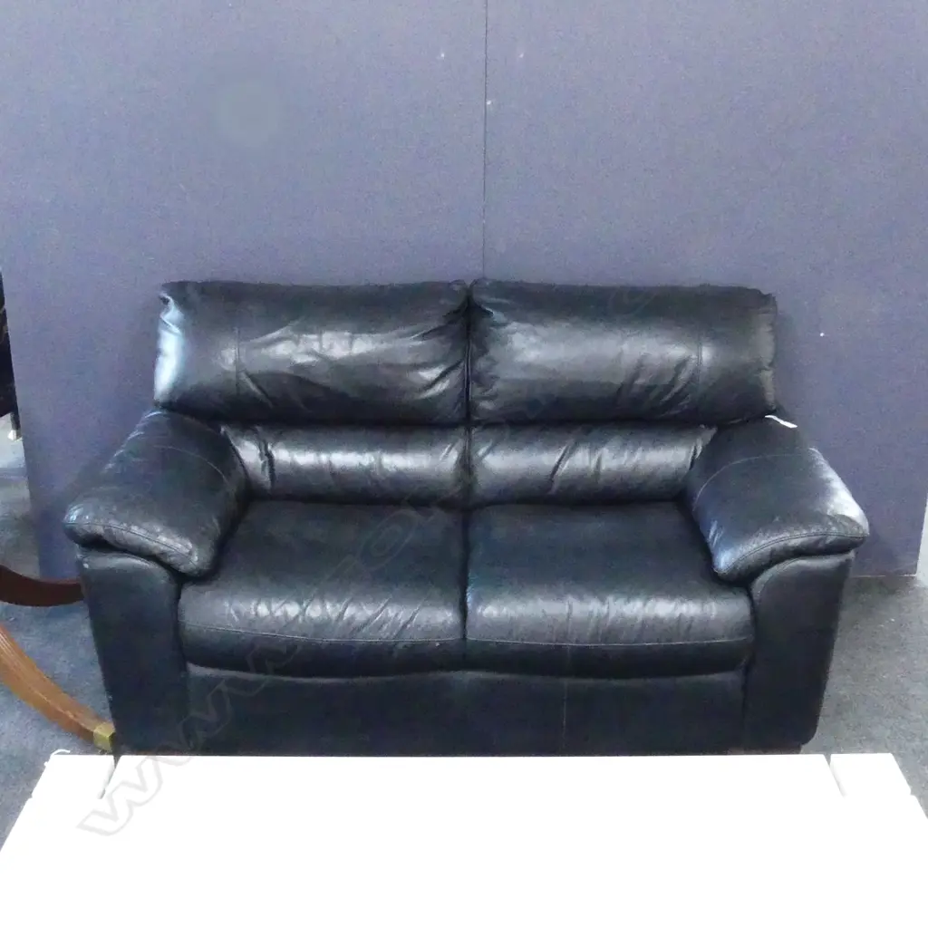BLACK LEATHER TWO SEATER COUCH 1600x850mm Image 1++