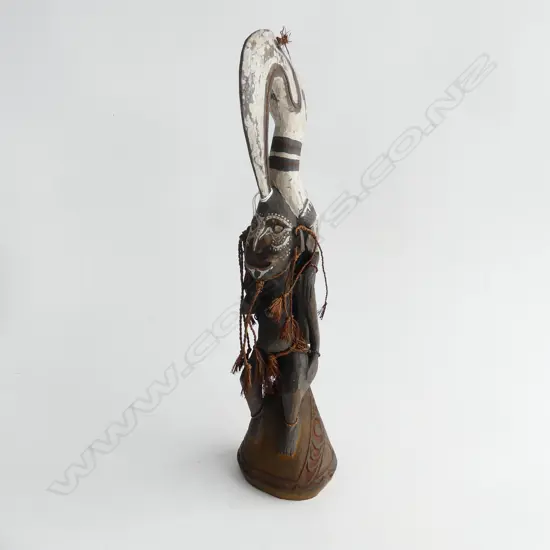 PNG CARVED WOOD ANCESTRAL FEMALE FIGURE W BIRD TO HER BACK H.375mm