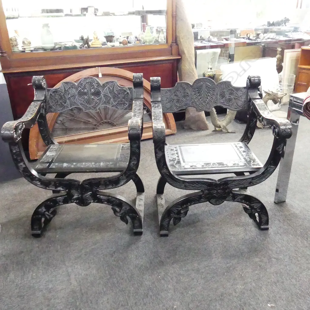 PR EBONISED CARVED WOODEN SPANISH STYLE MASONIC THRONE X CHAIRS 680x590x850mm Image 1++