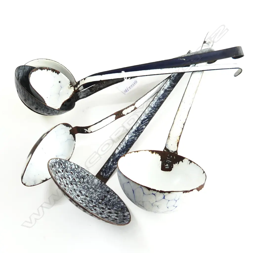 SIX VINTAGE EUROPEAN ENAMEL LADLES & SPOONS L. 350mm Image 1++