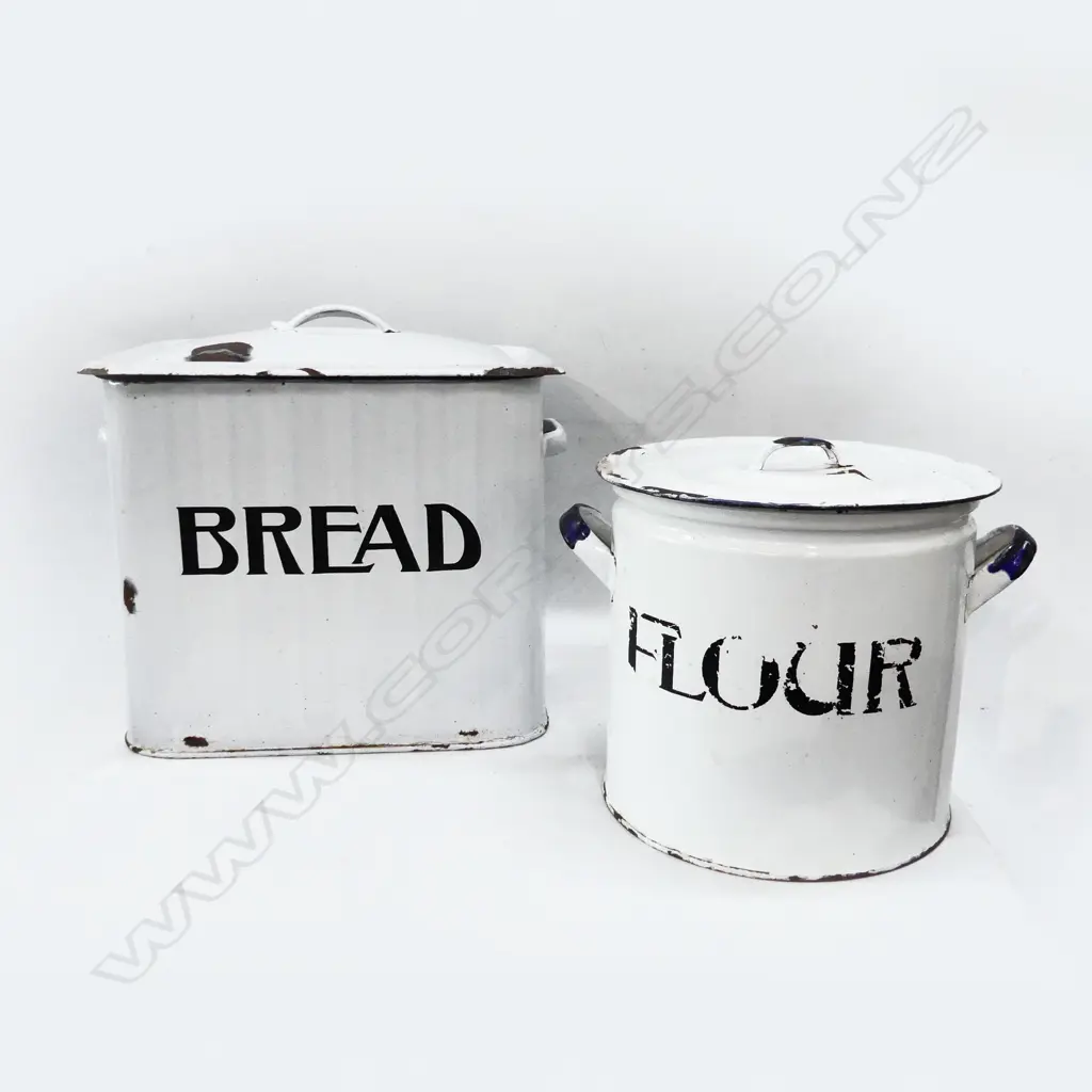 2 VINTAGE WHITE ENAMEL CONTAINERS; BREAD & FLOUR H.270mm Image 1++
