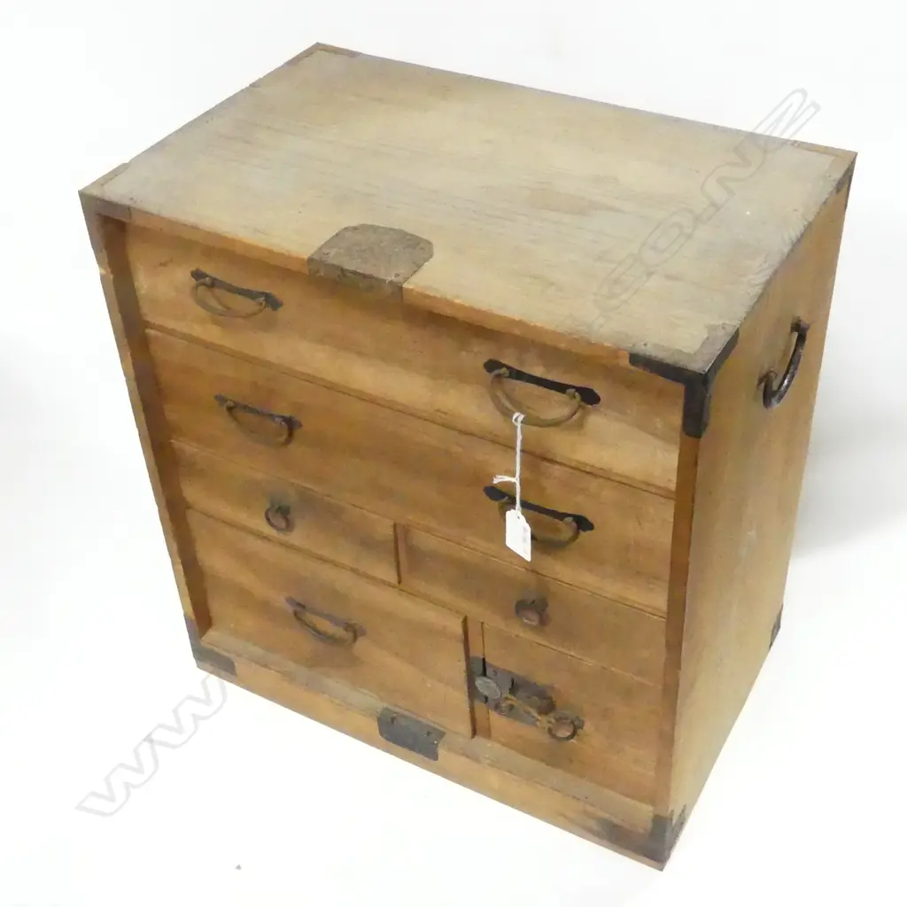 SMALL OLD JAPANESE COLLECTOR'S BEDSIDE CABINET, 1 DOOR, 5 DRAWERS & KEY, H.500mm Image 1++