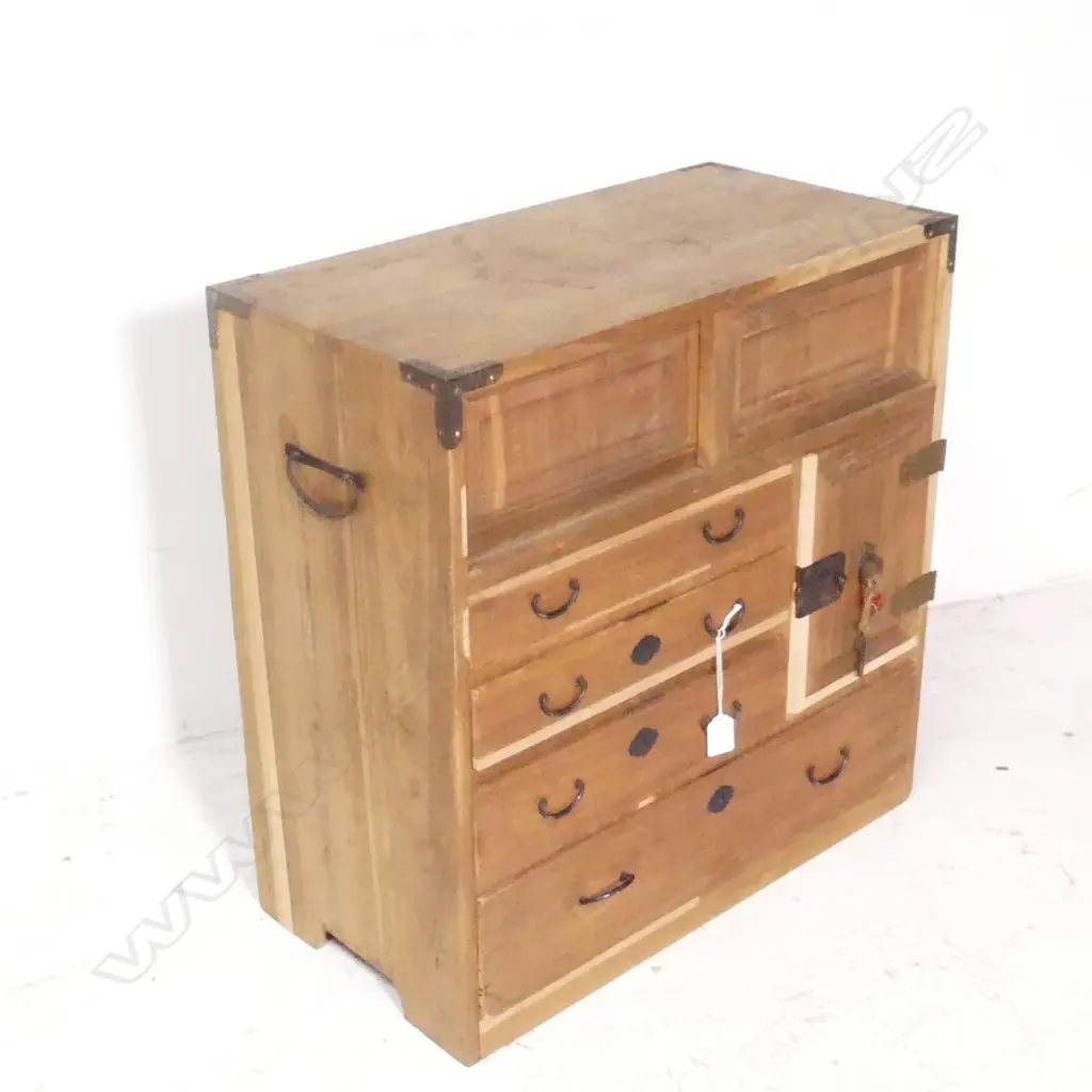 SMALL OLD JAPANESE COLLECTOR'S BEDSIDE CABINET, 2 SLIDING DOORS & 1 DOOR & 4 DRAWERS, H.590mm Image 1++