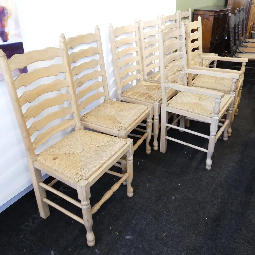 8 WHITE WASHED LADDER BACK CHAIRS - WOVEN SEAT Image 1++