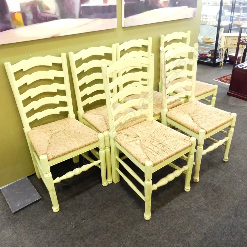 6 GREEN PAINTED LADDERBACK CHAIRS - WOVEN RUSH SEATS Image 1++