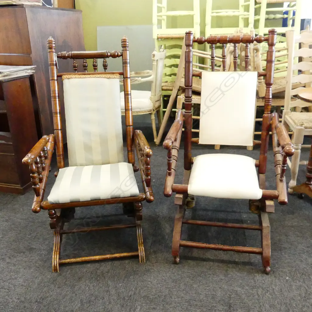 2 VICTORIAN PLATFORN ROCKING CHAIRS turned wood frame Image 1++