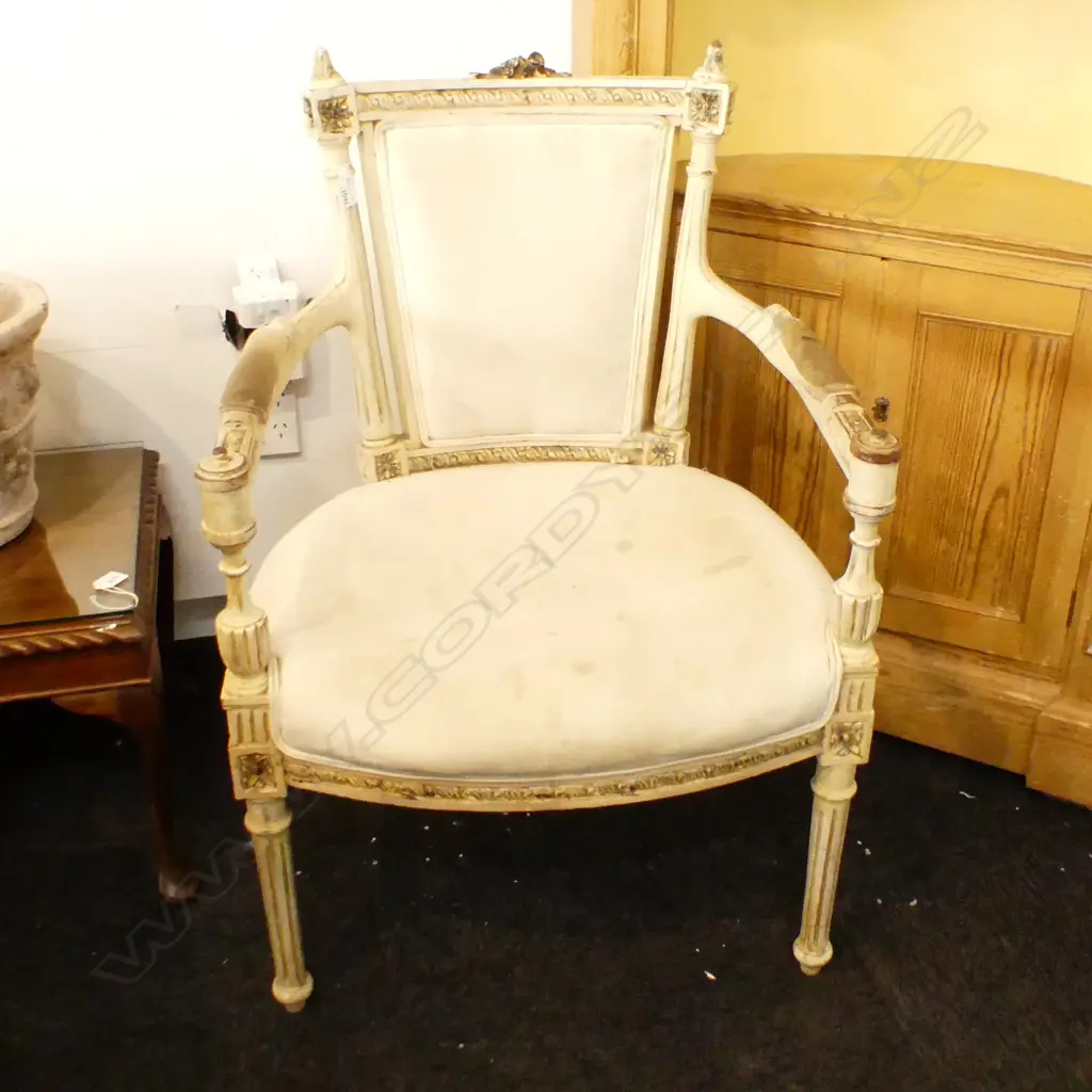FRENCH STYLE UPHOLSTERED BERGERE ARMCHAIR - WHITE FABRIC SOILED Image 1++