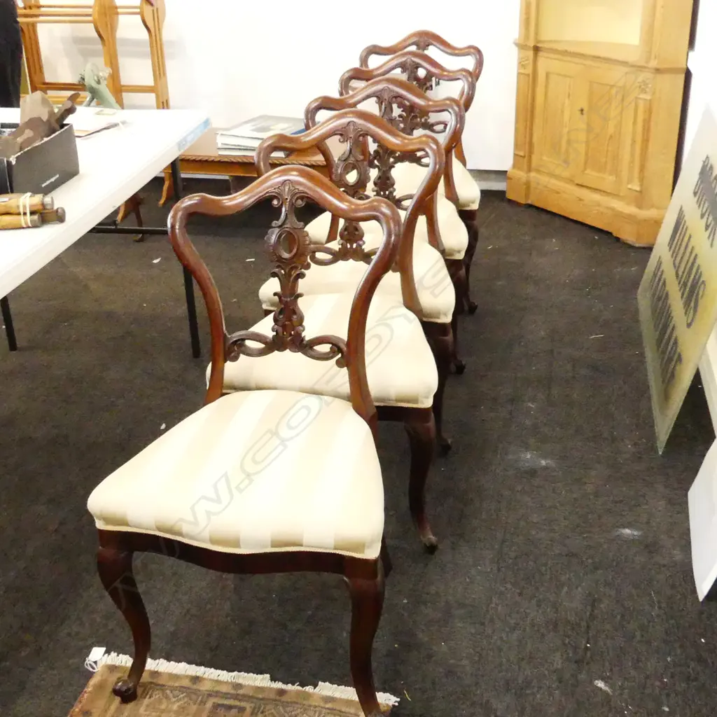 5 VICTORIAN ROSEWOOD DINING CHAIRS, CREAM STRIPE UPHOSTERY Image 1++