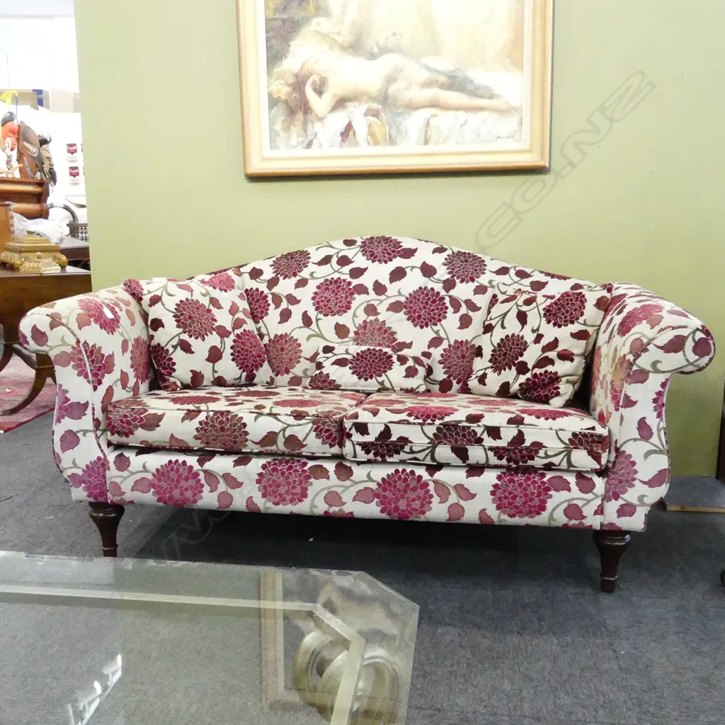 CAMEL BACK SOFA IN RED FLORAL UPHOLSTERY 1800x850x850mm Image 1++
