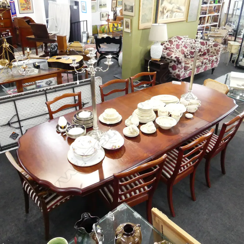 MAHOGANY PEDESTAL DINING TABLE 1810x1160mm w. 2 LEAVES W.455mm + 8 CHAIRS Image 1++