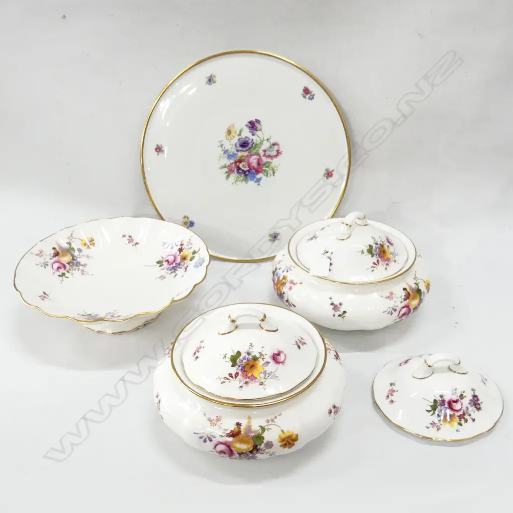 4 PCES CHINA; PR RCD DERBY POSIES TUREENS (EXTRA LID) + COMPORT 265mm dia + GERMAN CAKE PLATE 325mm dia Image 1++
