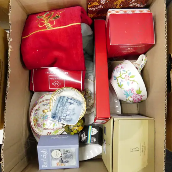 BOX MISC INCL CHRISTMAS TOWELS & DECO'S(NEW) MINTON, THIMBLES, BURLEIGH ETC..