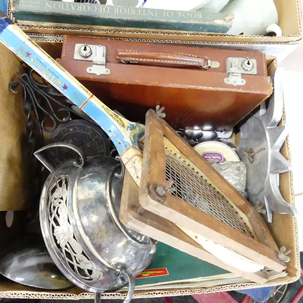BOX LOT ASST. LEATHER CASE, CLOCKS, TENNIS RACKET ETC Image 1++