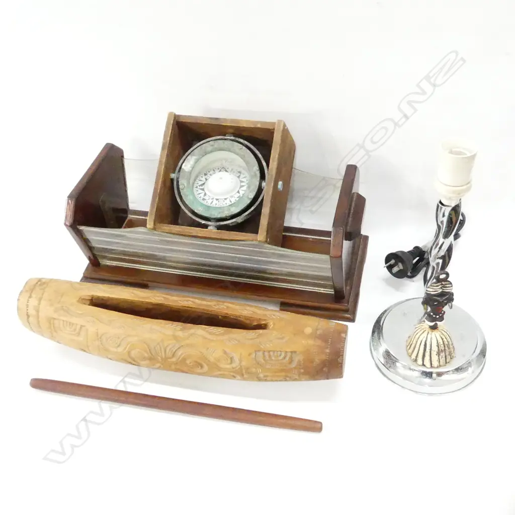 BOX LOT ASST. VINTAGE PCES; LAMP, COMPASS ETC Image 1++