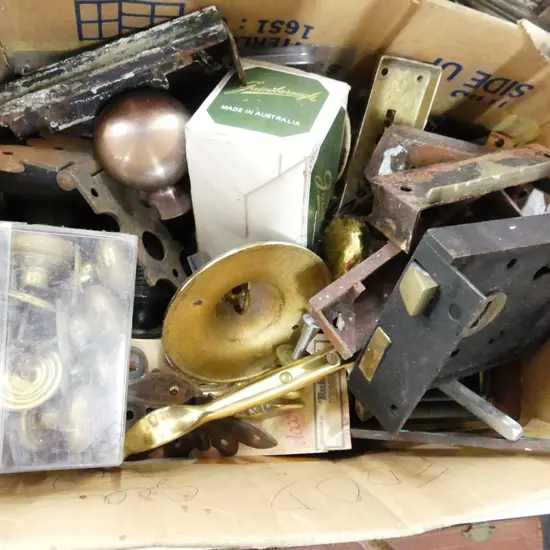 BOX LOT ASST. HARDWARE, DOOR HANDLES ETC