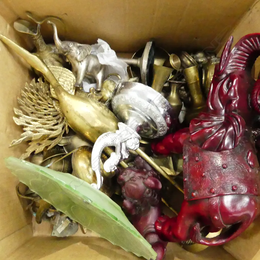 BOX LOT ASST. BRASS PCES, RED RESIN ELEPHANT & FOO DOG, COMPORT Image 1++